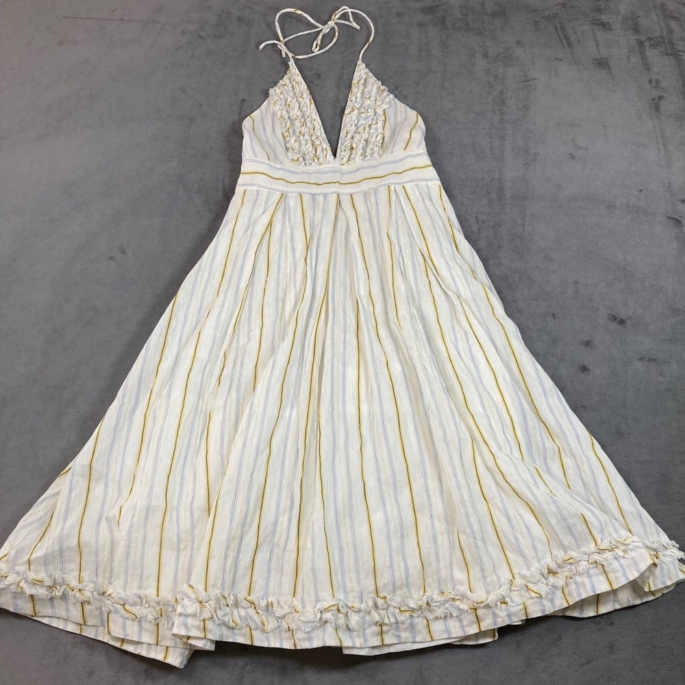 J.Crew Linen Cotton Striped Halter Midi Dress with Ruffle Trim Yellow Blue 4
